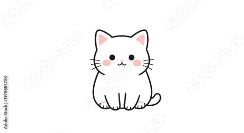 Adorable and tiny white kitten sitting calmly with its paws tucked in and a sweet little face looking forward on a white background.