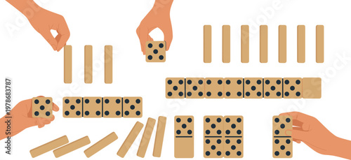 Hands playing with wooden dominoes set collection featuring falling blocks and tiles arranged in rows for fun tabletop game leisure.