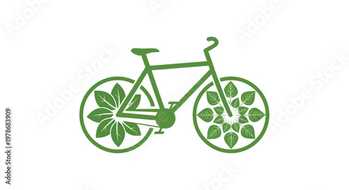 A vibrant green bicycle silhouette is creatively integrated with flourishing leaf patterns symbolizing eco friendly transport