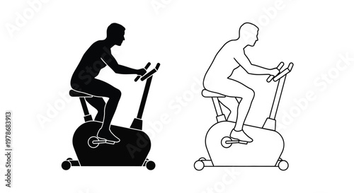 Man exercising on stationary bike in contrasting views silhouette