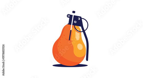 Creative conceptual illustration of a pear fruit designed to look like a hand grenade with a metal pin and lever on top for explosive impact.