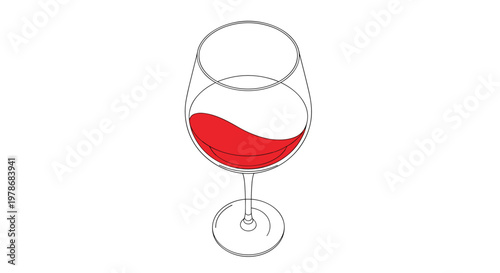 Elegant wine glass partially filled with swirling red wine shown from a high angle perspective, simple black and white outline drawing style.