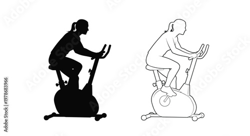 Woman exercising on stationary bike contrasting views a stark silhouette