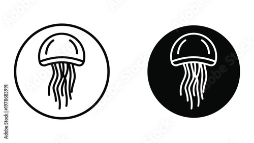 Contrasting jellyfish icons in white and black circular backgrounds