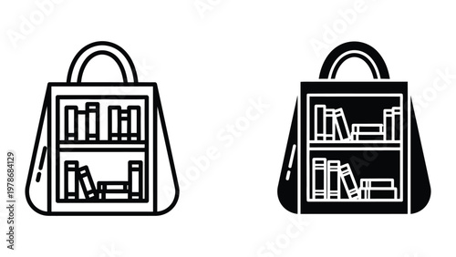 Two stylish handbags designed to look like miniature bookshelves filled with books