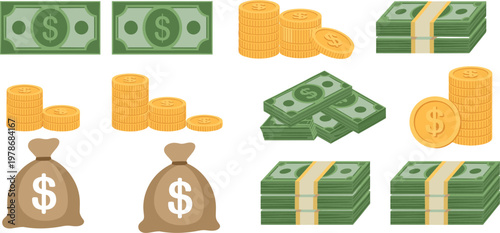 Set of dollar bank notes coins stacks and money bags flat vector illustrations for financial business banking and investment wealth concept designs.