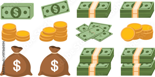 Set of dollar bank notes coins stacks and money bags flat vector illustrations for financial business banking and investment wealth concept designs
