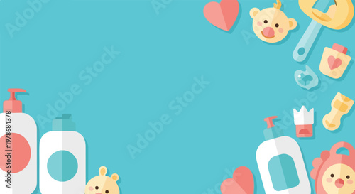 A cute vector illustration featuring various baby care items and toys arranged around a central space on a blue background.