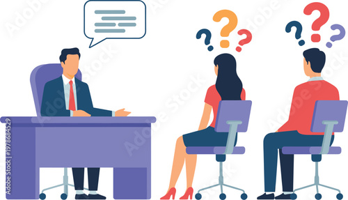 Business recruitment process with HR manager interviewing candidate couple with question marks for job search career and hiring concept illustration.