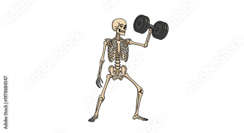Human skeleton standing and lifting a heavy black dumbbell with one arm, conceptual image for bone strength and fitness training.