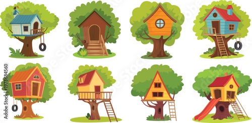 Set of various wooden treehouse vector illustrations with tire swings ladders and slides for children playground and outdoor adventure backyard fun.