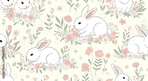 Gentle seamless pattern featuring cute white rabbits sitting among soft pink flowers and green leaves on a cream colored background.