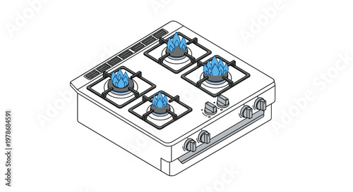 Modern white gas stove top with four burners lit with blue flames shown from an isometric perspective, kitchen appliance icon.