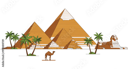 "Set of Illustrations Featuring Pyramids, Sphinx, Camel, and Palm Trees for Egypt, Travel, and Ancient History Design Projects"