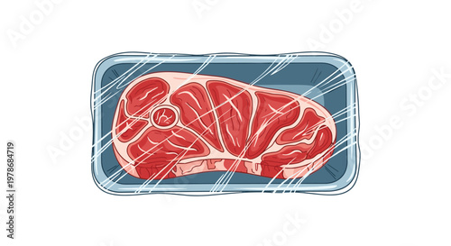 Raw beef steak on a blue tray wrapped in clear plastic film, supermarket fresh meat product illustration for food retail.