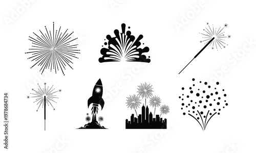Fireworks rocket cityscape and sparkler vector illustration silhouette set.