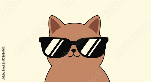 Cool brown cat character wearing stylish dark aviator sunglasses with reflections, funny and trendy pet portrait on cream background.