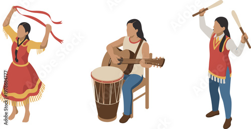 Isometric indigenous people dancing playing guitar and drum in traditional cultural performance illustration