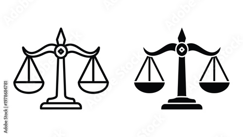 Balancing scales depicting justice and equilibrium in contrasting styles