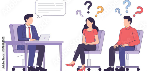 Business recruitment process with HR manager interviewing candidate couple with question marks for job search career and hiring concept illustration