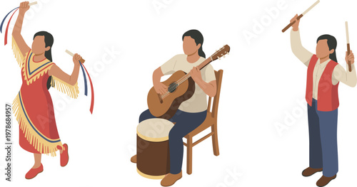 Isometric indigenous people performing traditional dance and music with guitar drum and cultural attire