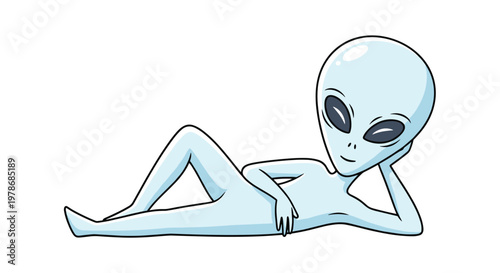 Relaxed blue alien character lies down on its side with one hand supporting its head in a comfortable and peaceful pose.