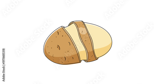 Fresh potato is partially peeled with its skin curling away to reveal the smooth white flesh of the vegetable underneath.