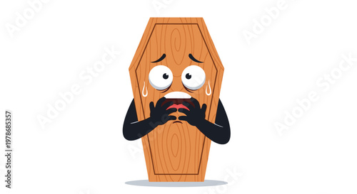 Scared cartoon wooden coffin character with a nervous facial expression and sweating drops looks terrified of its fate.