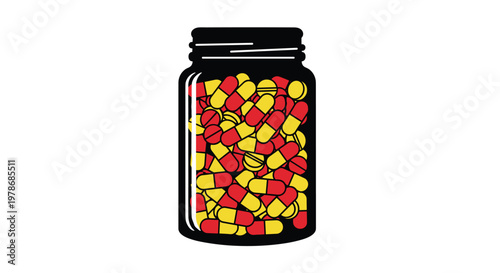 Pharmaceutical bottle with a black lid is filled with many red and yellow capsules for medical use and wellness.