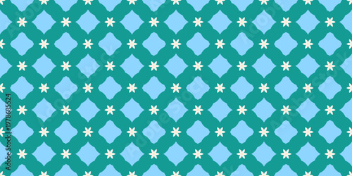 Geometric pattern seamless with white jasmine flowers on green and light blue wavy background. Design for fabric, Background, Wallpaper, Vector illustration.