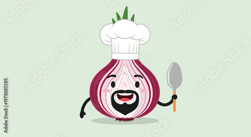 Happy red onion character wearing a white chef hat and holding a large grey spoon smiles brightly for the camera.