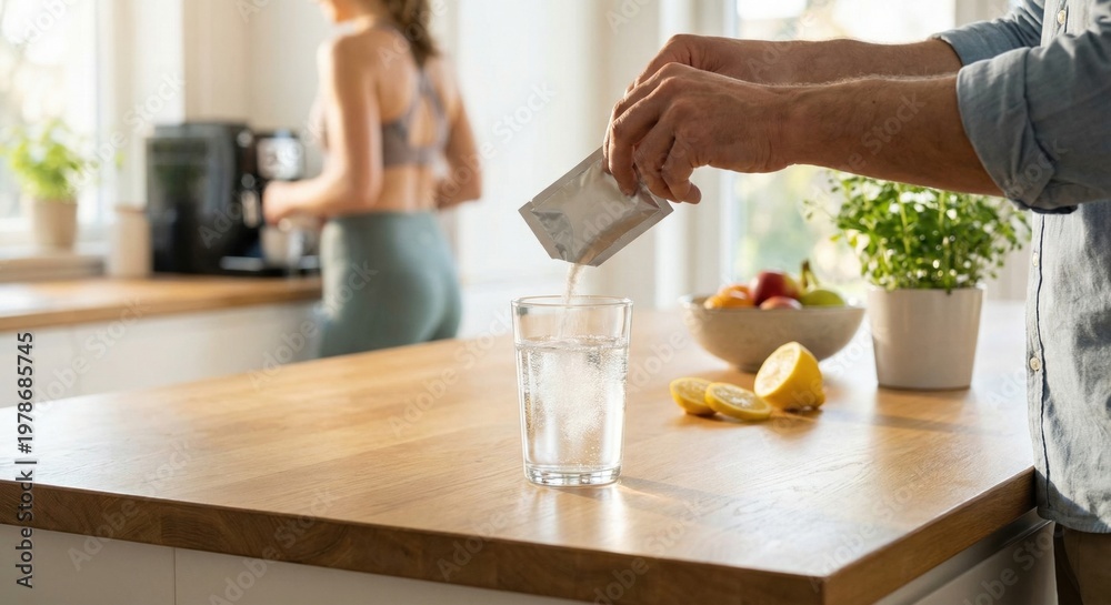 Fototapeta premium Hands pouring electrolyte sachet into a glass of water