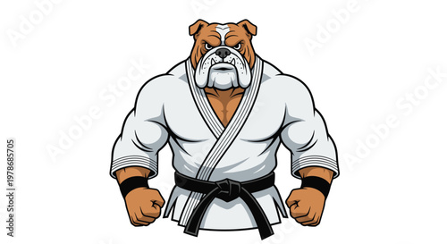 Strong bulldog wearing a white karate gi and a black belt stands in a powerful martial arts pose looking very determined.