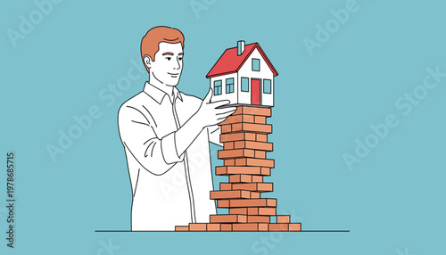 Vector man building a house of bricks, concept of construction, real estate investment, home ownership, mortgage, and financial stability