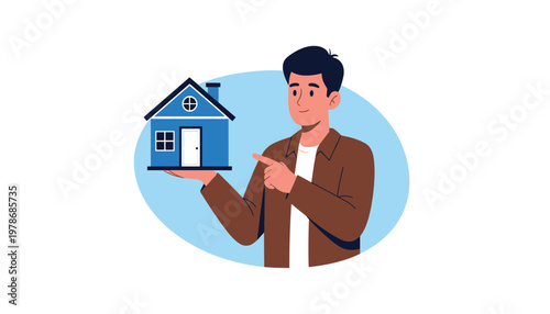Vector a young man presenting a small blue house model on his hand, concept of real estate, home ownership, property investment, and housing market