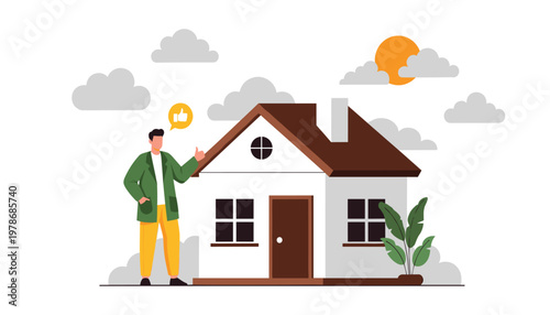 Vector happy man standing next to a house giving a thumbs up gesture, real estate agent or homeowner concept, vector illustration