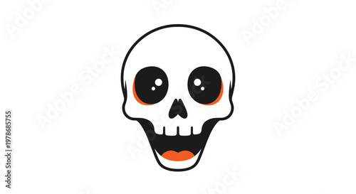 Friendly cartoon skull with large black eyes and an open mouth shows a happy and joyful facial expression for Halloween.