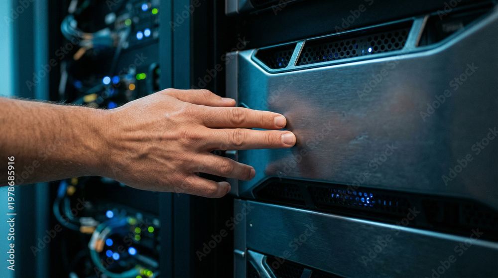 Fototapeta premium AI data centers technician installing server hardware in rack