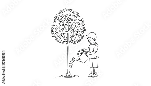 Vector a young boy watering a small tree in the garden, line art illustration of a child caring for nature, black and white drawing