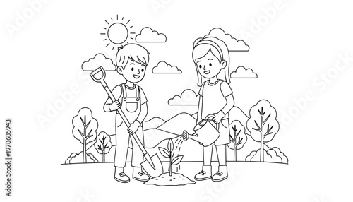 Vector children planting a tree in the garden, boy holding a shovel and girl watering a small plant, coloring page for kids