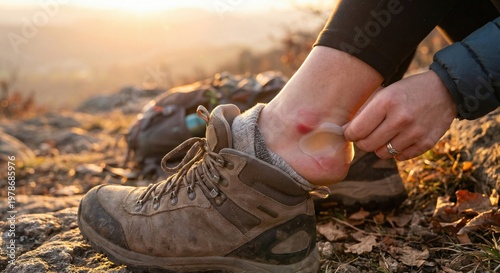 Hiker applying hydrocolloid bandage to heel blister at sunset