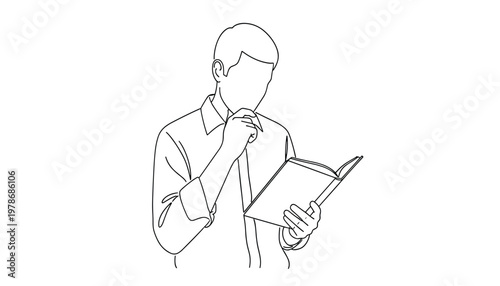 Vector line art illustration of a man in a shirt reading a book and thinking with his hand on his chin