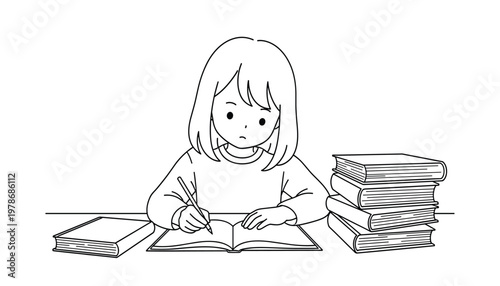 Vector a young girl studying and writing in a notebook at a desk with a stack of books, black and white line art illustration