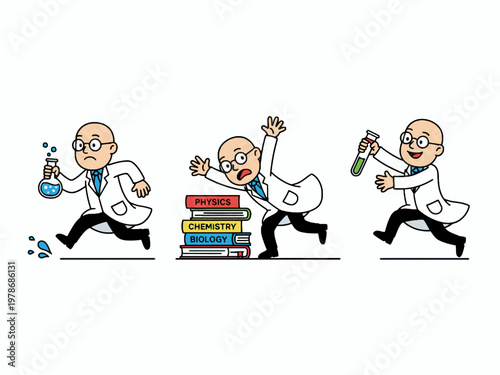 Cartoon Scientist Character Running and Falling Over Science Books