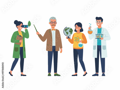 Diverse scientists and teachers characters with equipment vector
