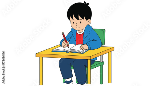 Vector cartoon illustration of a young schoolboy sitting at a desk and writing in a notebook with a red pencil