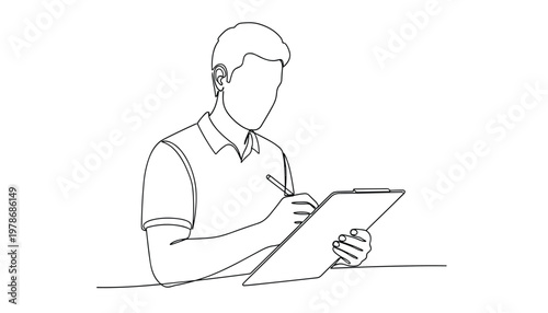 Vector continuous one line drawing of a man writing on a clipboard, person taking notes, office worker or student holding a notepad, vector illustration