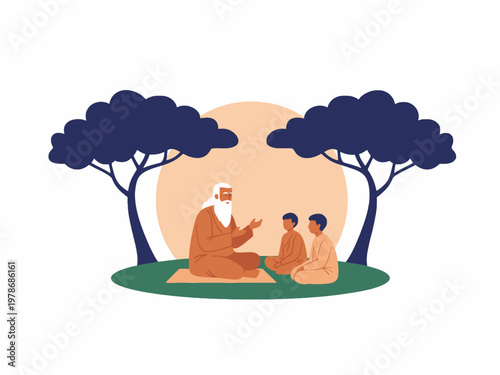 Wise guru teaching students under trees flat vector illustration