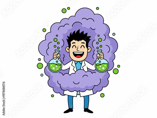 Scientist character holding chemical flasks with purple smoke cloud