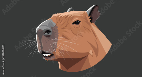 Detailed digital portrait of a capybara head showing its distinctive profile and features against a dark gray neutral background.